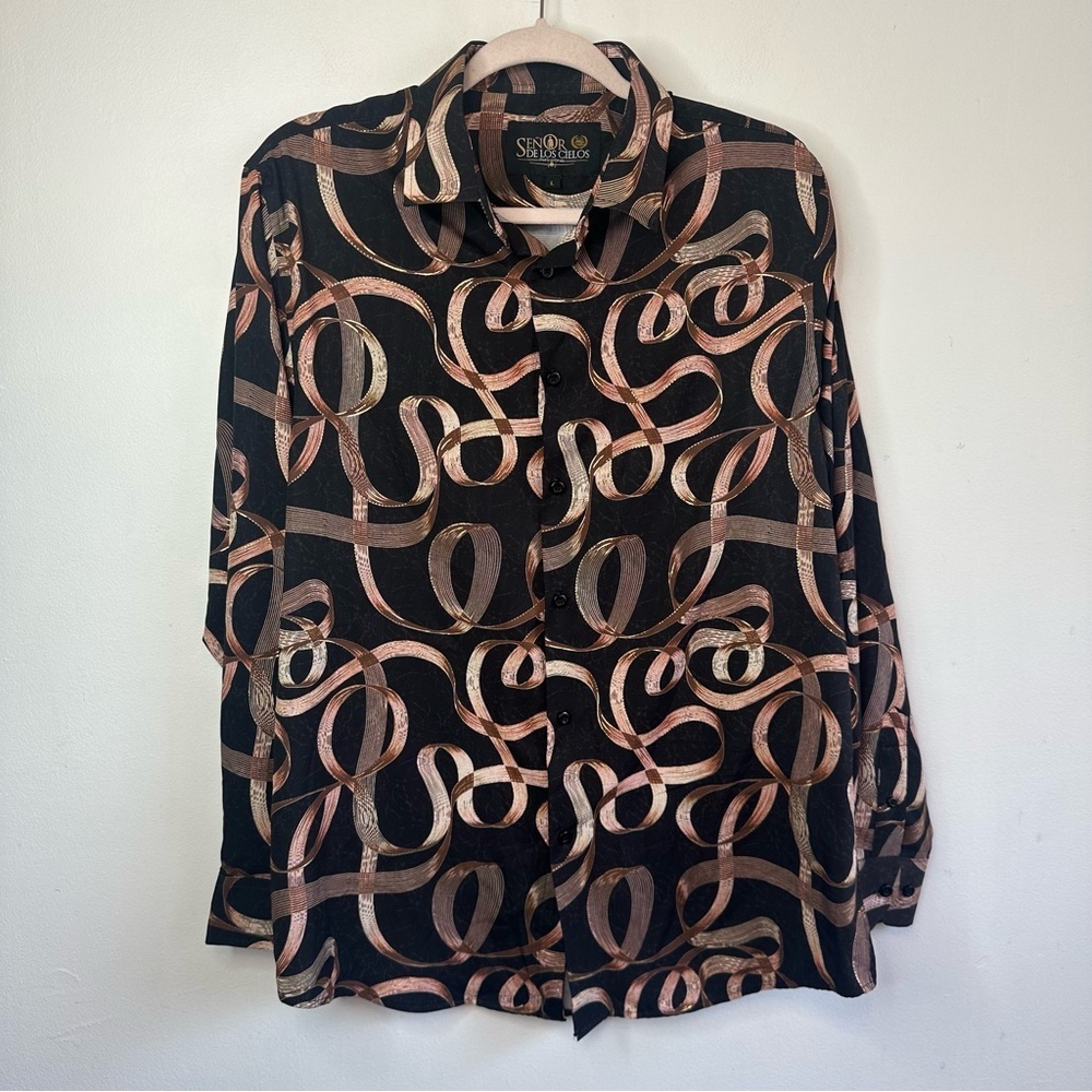 Señor de los Cielos Mens Western Cowboy Shirt Black Gold Design L Large